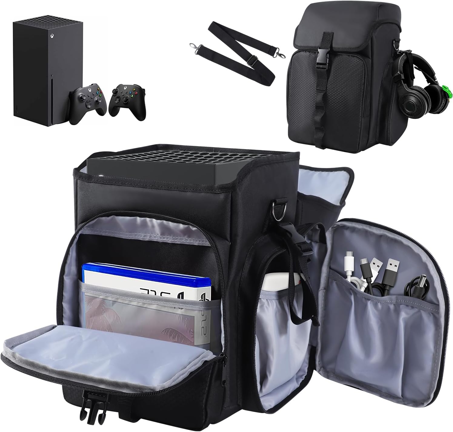 LOTCAIN Portable Carrying Case Compatible with Xbox Series X,Game Console Storage Bag with Large Capacity,Travel Case for Controllers,Headset,Game Discs,Cables and Other Accessories(Bag Only)