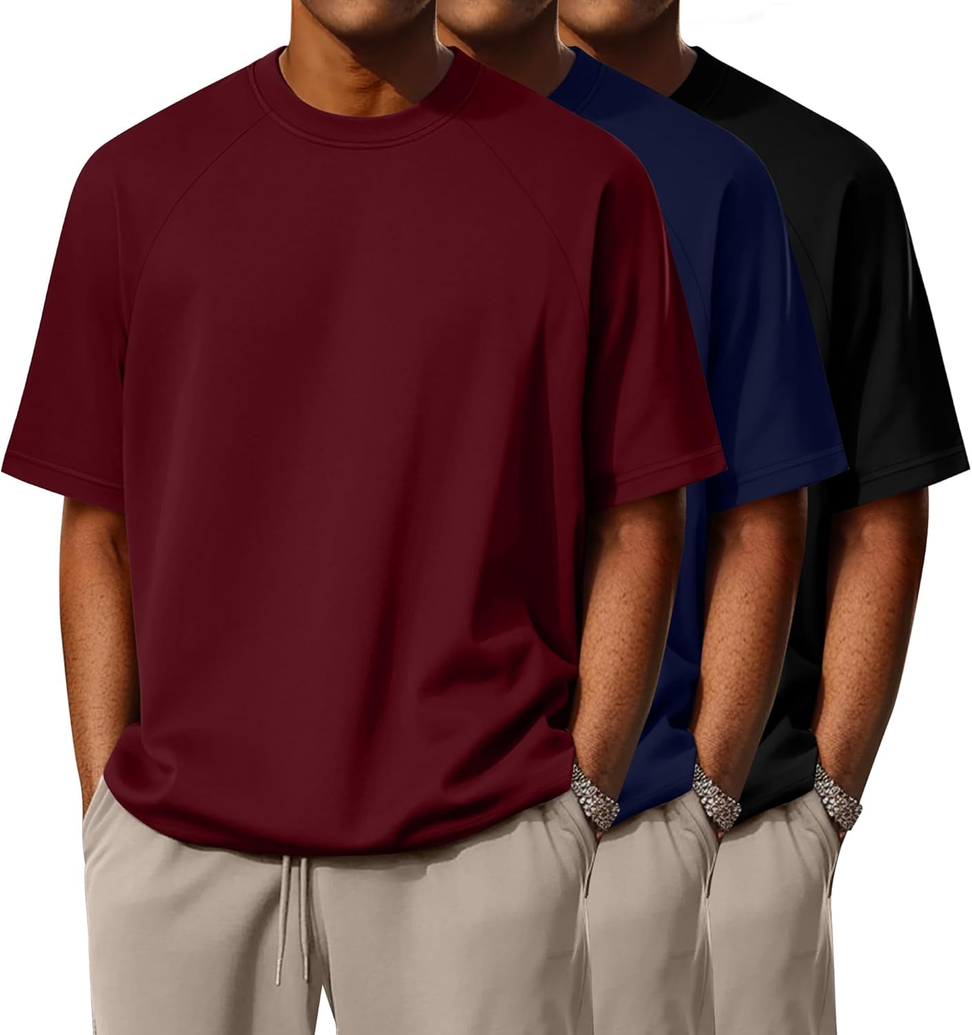 تي شيرت قطن بقصة واسعة، تيشيرتات كبيرة وطويلة بأكمام قصيرة راجلان ورقبة دائرية ضيقة من فيسيرد، مقاس كبير، مجموعة من 3 قطع