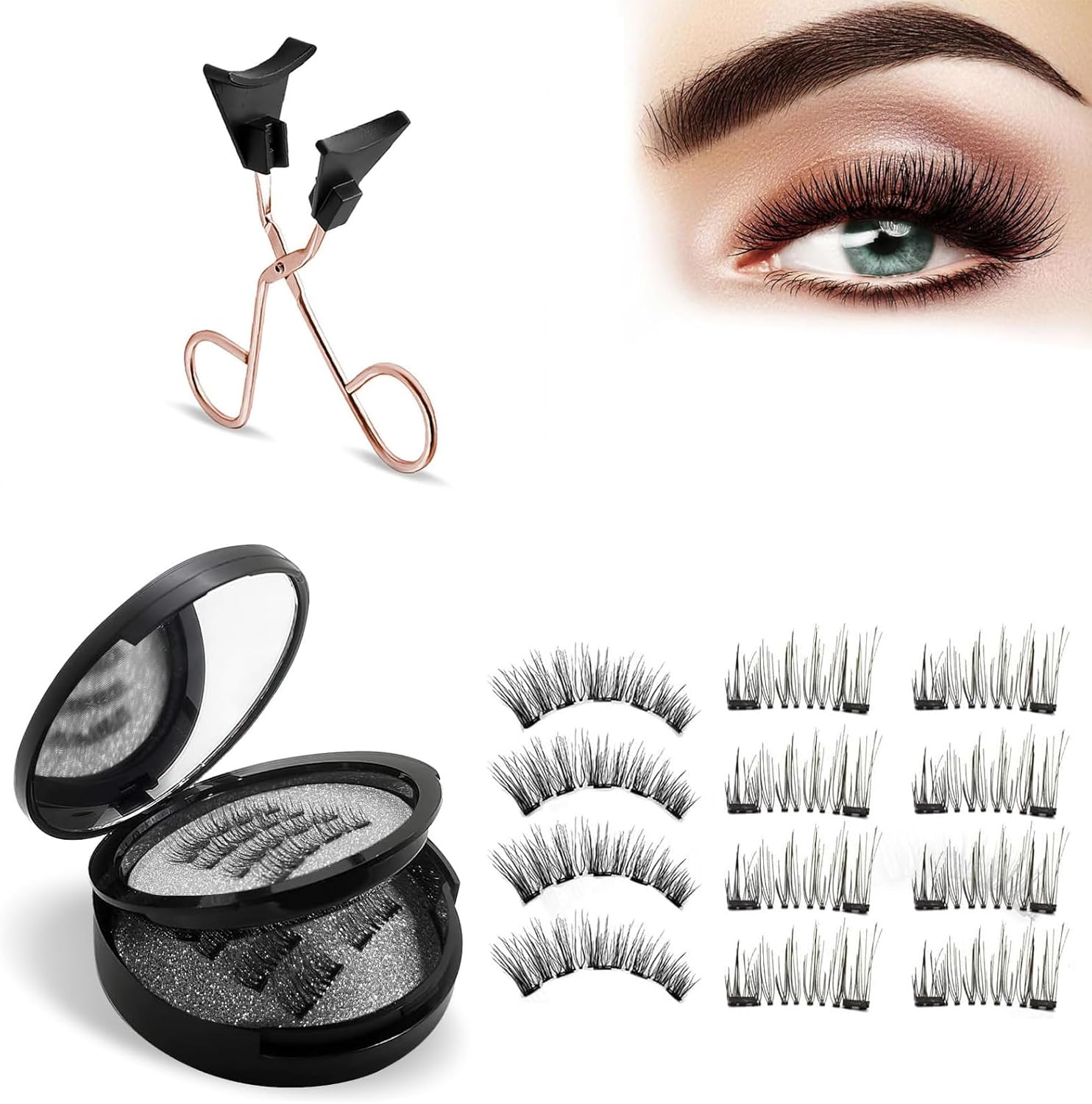 رموش صناعية مغناطيسية من موسيلونز مكونة من 6 ازواج من طبقتين، مظهر طبيعي، لا حاجة للصمغ، قابلة لاعادة الاستخدام، لطيفة على العينين، مجموعة رموش ثلاثية الابعاد مع ملاقط تطبيق، صندوق مغناطيسي مستقل
