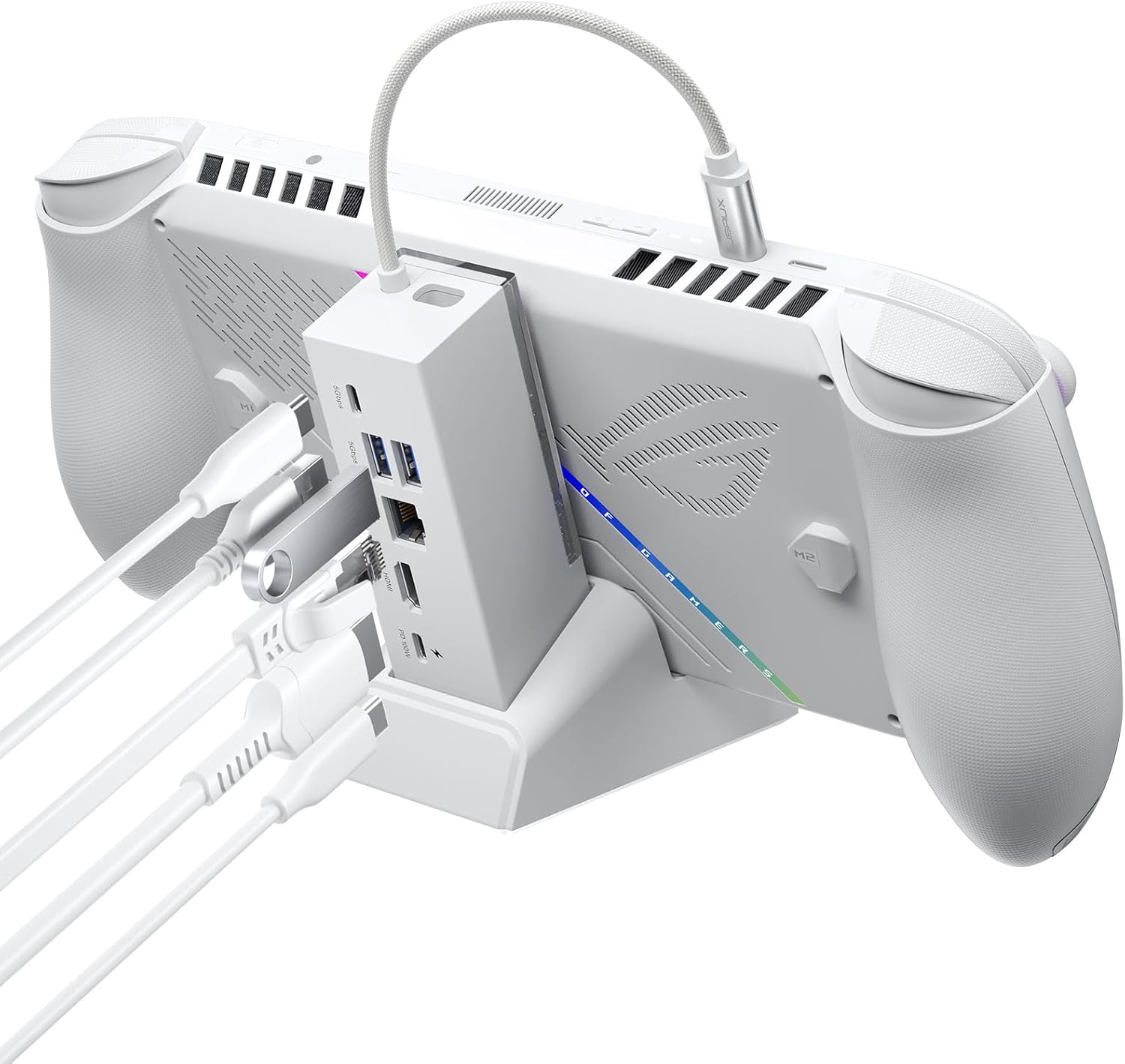 قاعدة شحن 100 واط 6 في 1 لروج واكس بوكس الي اكس/روج الي اكس/روج الي/ستيم ديك/ليجن جو/ليجن جو اس 120 هرتز HDMI 4K، إيثرنت جيجابت، 2 USB مزدوجين وUSB-C 3.2 الجيل 1، 100 واط من جي سوكس، HB0609 أبيض