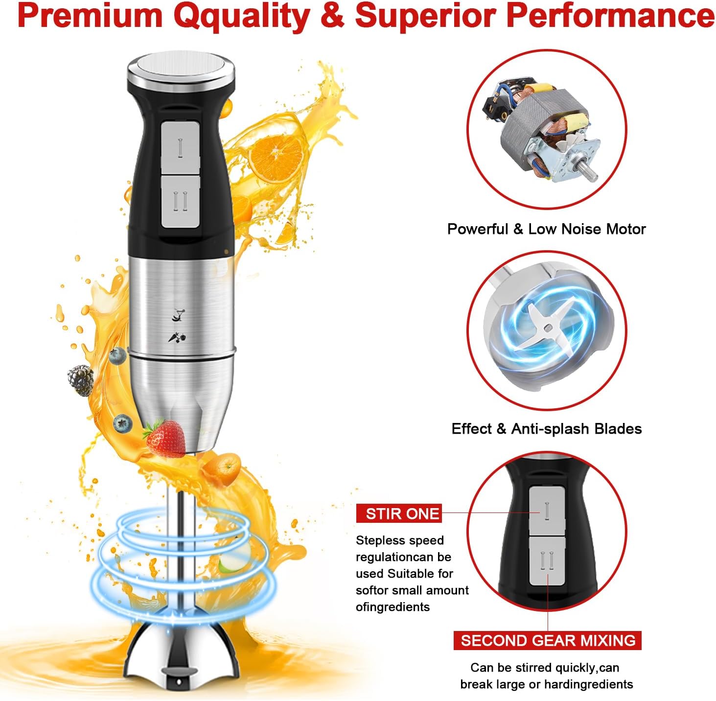 خلاط يدوي 5 في 1 من اكسكيموس، 4 شفرات مطورة، خلاط بعصا من الستانلس ستيل بسرعتين، كوب خلط 800 مل، محضر طعام 500 مل، خفاقة، هراسة، فرم، تحكم في الرذاذ (اسود) 11 71kjD1qvL0L. AC SL1500