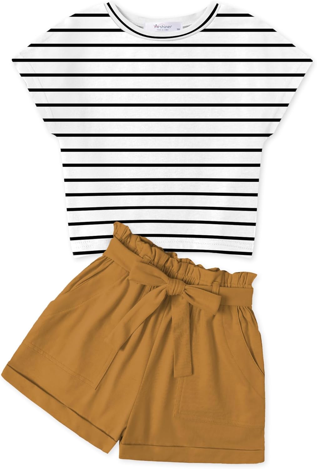 طقم ملابس للبنات مكون من تي شيرت صيفي مع شورت كاجوال عصري باكمام قصيرة للبنات من سن 6-14 سنة