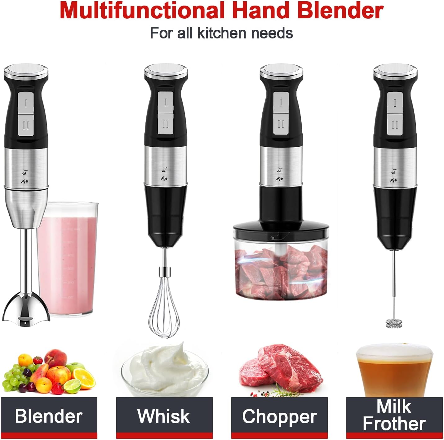 خلاط يدوي 5 في 1 من اكسكيموس، 4 شفرات مطورة، خلاط بعصا من الستانلس ستيل بسرعتين، كوب خلط 800 مل، محضر طعام 500 مل، خفاقة، هراسة، فرم، تحكم في الرذاذ (اسود) 10 71qy PrA12L. AC SL1500