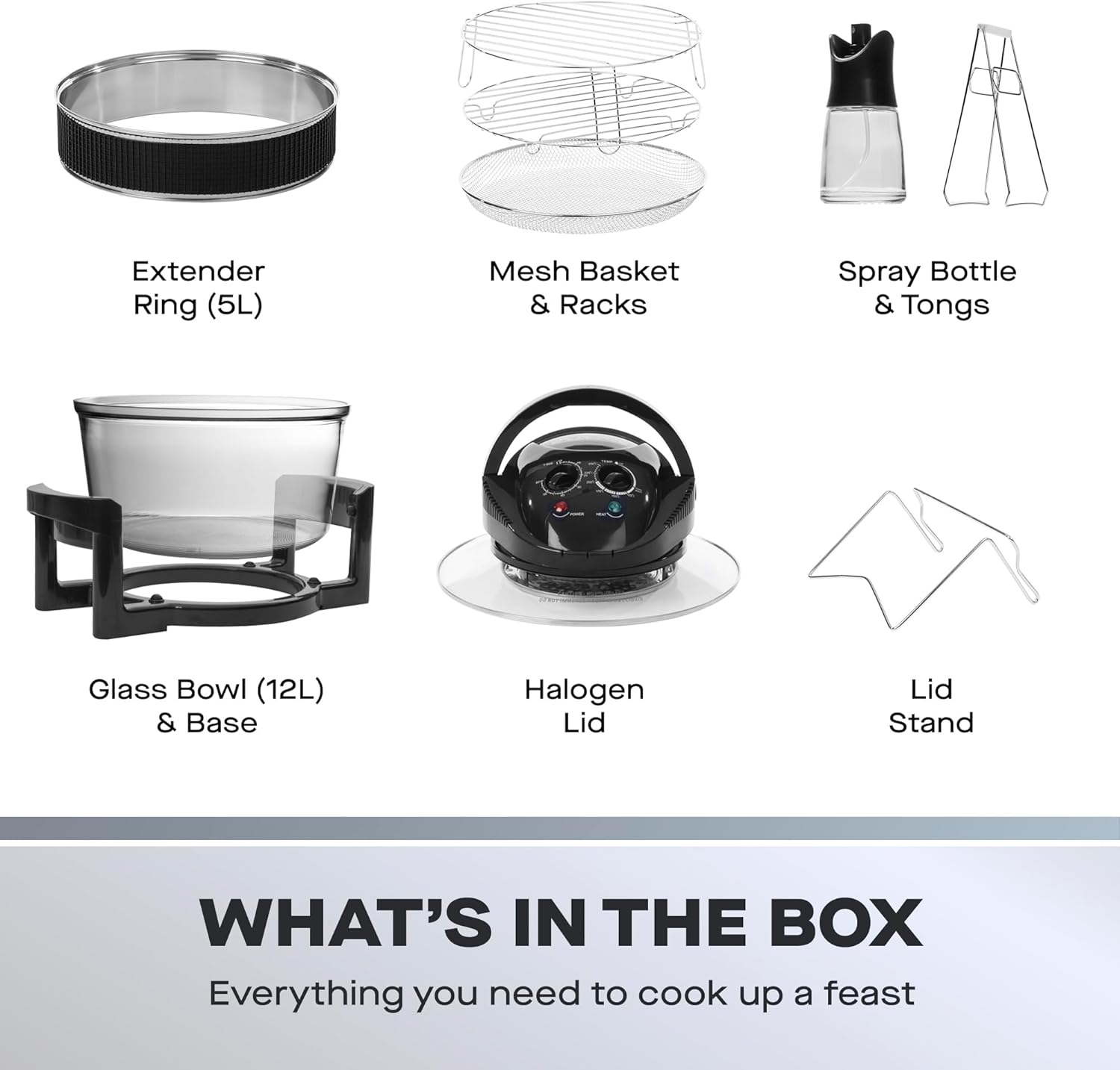 دايو مقلاة هوائية هالوجين 17 لتر مع حلقة تمديد، موديل 2025 - سعة عائلية كبيرة، تنظيف ذاتي، درجة حرارة ومؤقت قابلين للتعديل، تتضمن رفوف وسلال شبكية وملاقط وملحقات 13