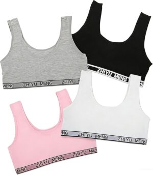 Girls Sports Bras 4 Pack – Seamless Training Bras for Teens, Cotton Crop Tops, Non-Padded Everyday & Sleep Bras for 9-14 Years (Grey, Pink, Black, White)