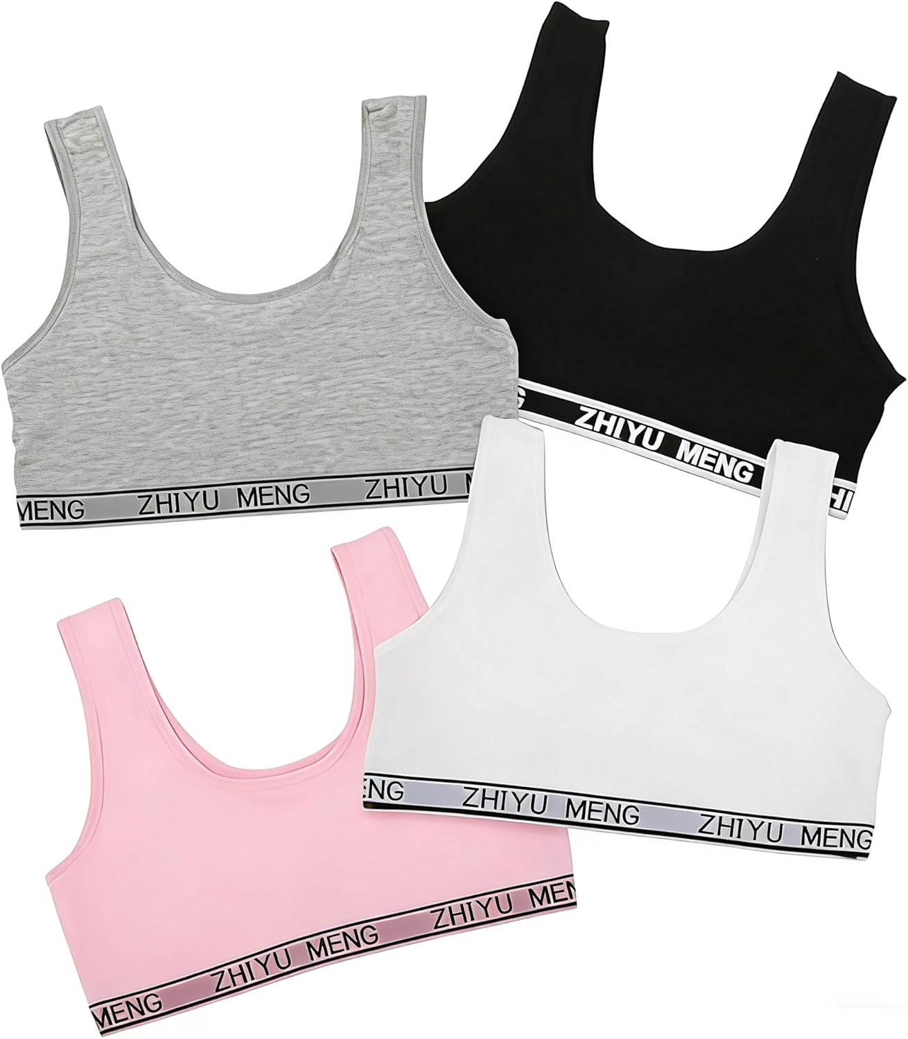 Girls Sports Bras 4 Pack – Seamless Training Bras for Teens, Cotton Crop Tops, Non-Padded Everyday & Sleep Bras for 9-14 Years (Grey, Pink, Black, White) 1 Girls Sports Bras 4 Pack – Seamless Training Bras for Teens, Cotton Crop Tops, Non-Padded Everyday & Sleep Bras for 9-14 Years (Grey, Pink, Black, White)