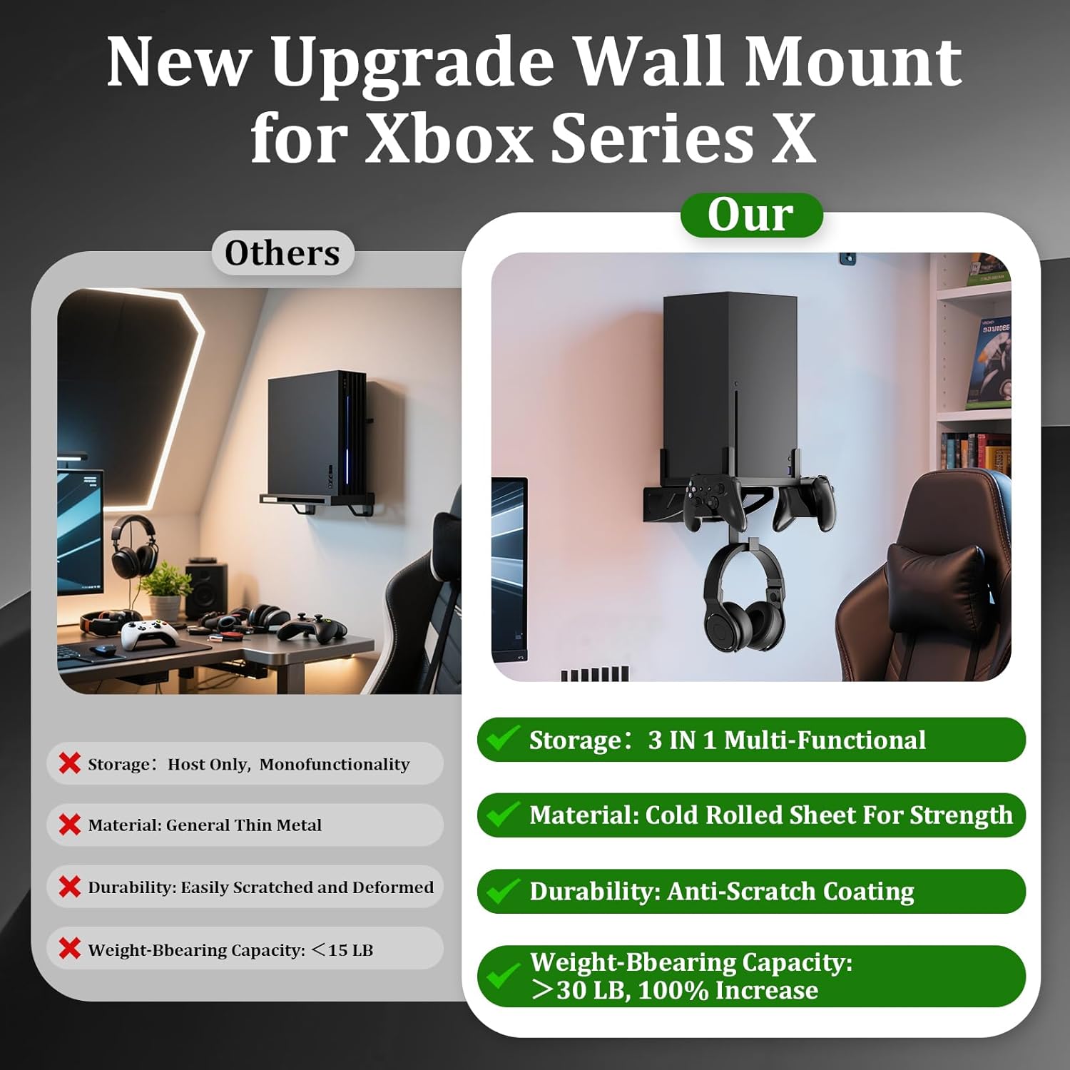 Wall Mount for Xbox Series X - Wall Mount Stand Kit with Detachable 2 Controller Holder & Headphone Hanger, Mount on The Wall, Compatible with Xbox Series X Accessories 12 71rOcCS0L7L. AC SL1500