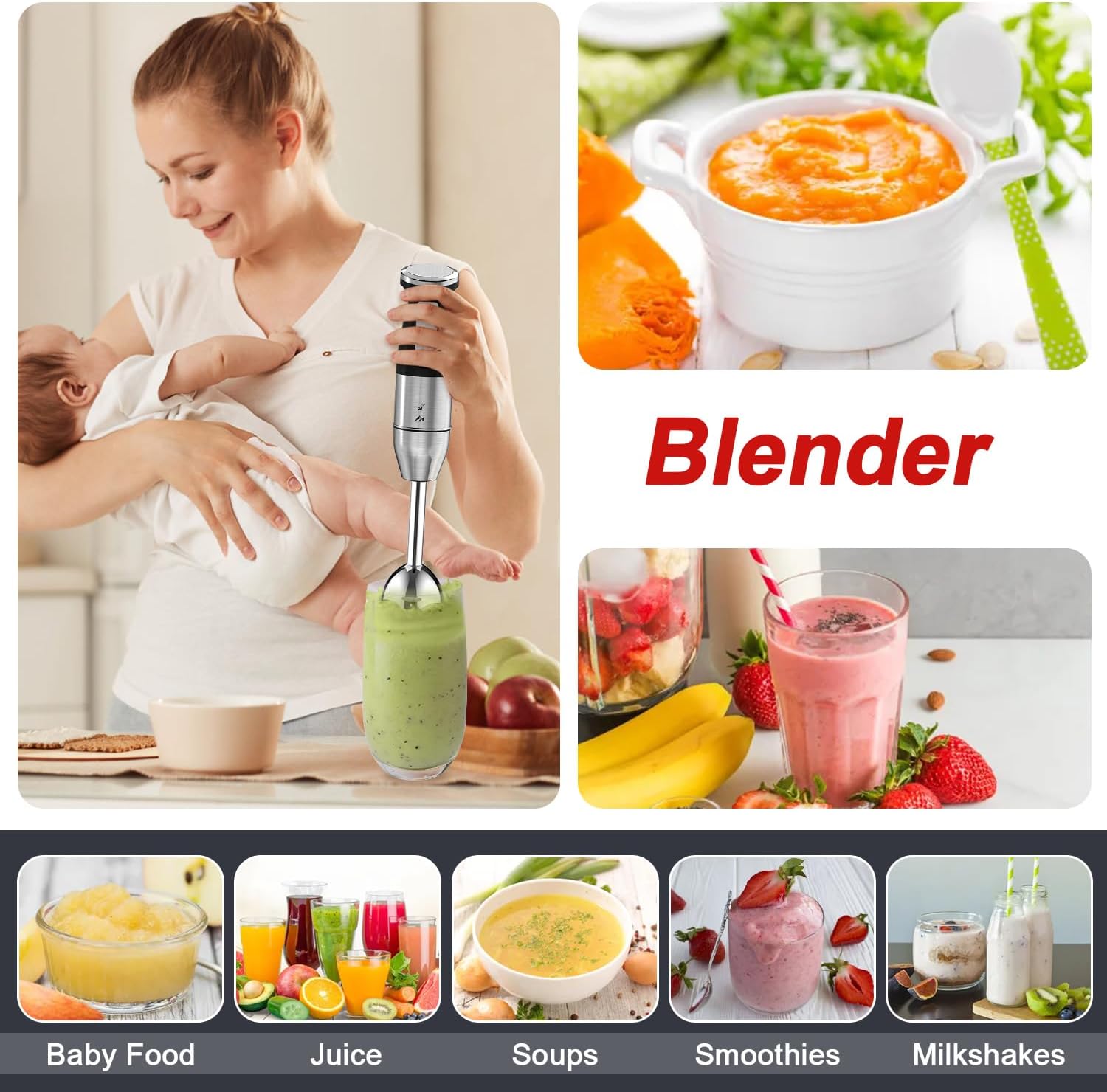 خلاط يدوي 5 في 1 من اكسكيموس، 4 شفرات مطورة، خلاط بعصا من الستانلس ستيل بسرعتين، كوب خلط 800 مل، محضر طعام 500 مل، خفاقة، هراسة، فرم، تحكم في الرذاذ (اسود) 12 71sKAA7MAEL. AC SL1500