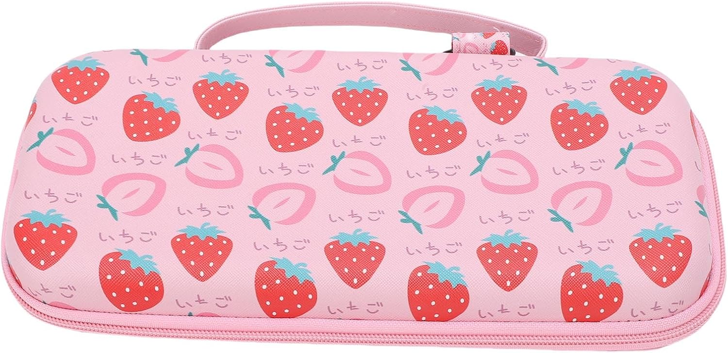 Generic Portable EVA Hard Case Handheld Game Console Bag for 2 Protective Cute Strawberry Pink Girls (with Strap)