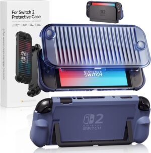 جراب حماية لجهاز نينتندو سويتش 2 موديل 2025 + غطاء امامي من البولي يوريثين الحراري، مضاد للخدش وممتص للصدمات، سهل التركيب (ازرق)