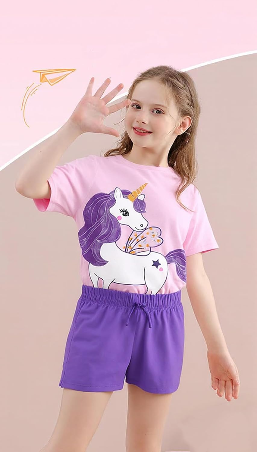 طقم ملابس صيفية قصيرة للبنات من تي سي دبليو دبليو بي بي، طقم ملابس قصيرة الاكمام من القطن، تي شيرت وفساتين وشورت بقبة دائرية بدون طوق للاطفال الصغار بعمر 1-7 سنوات 9