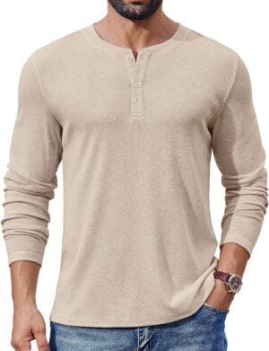 كوفاندي قمصان هينلي للرجال باكمام طويلة وخفيفة الوزن بازرار قميص بلوفر كاجوال بيسيك