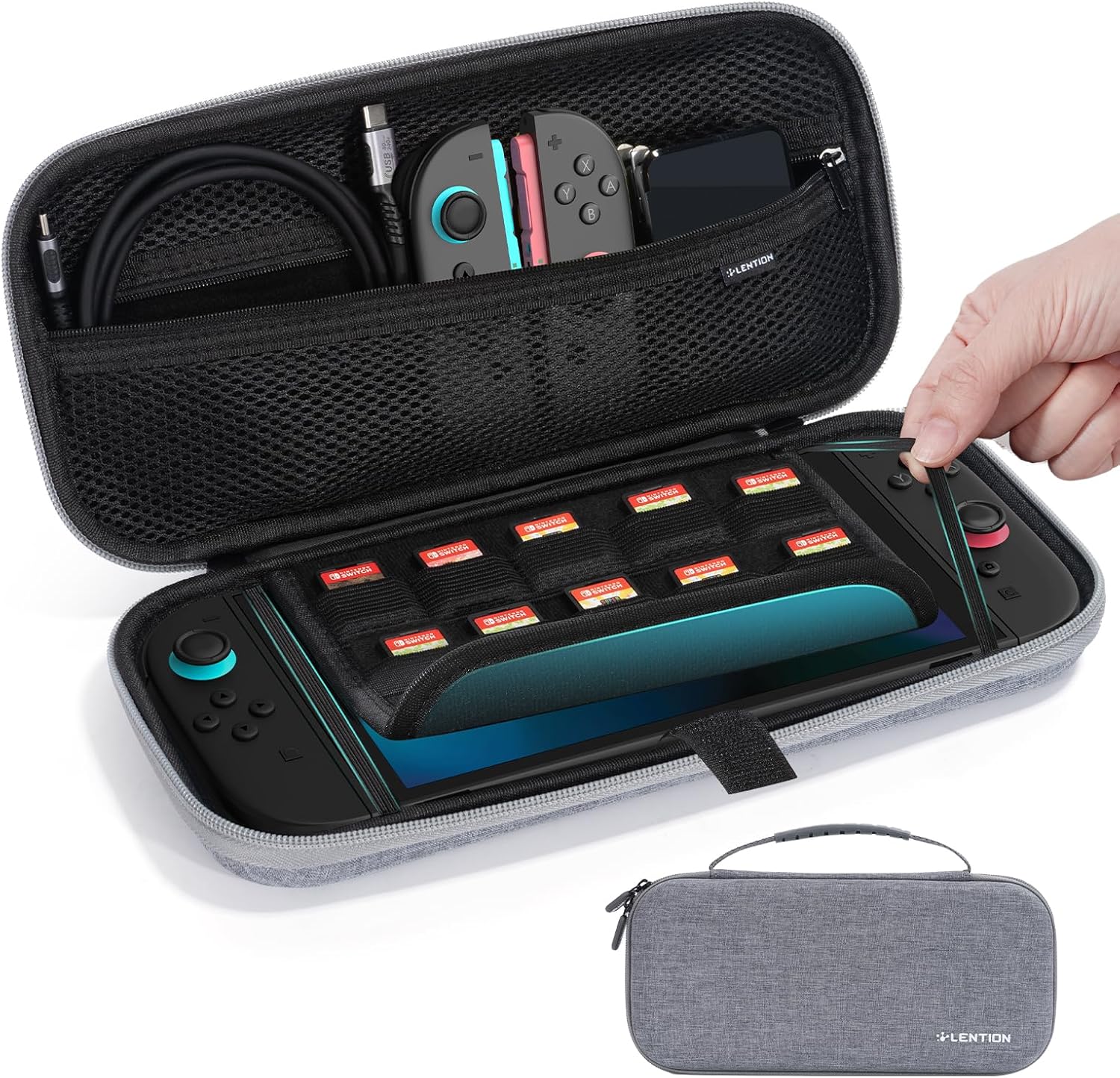 LENTION Switch 2 Carrying Travel Case, Hard Shell Storage for Nintendo Switch 2, Console & Accessories. Holds 10 Game Cards, with Screen Padding. Slim, Compact, Lightweight for Travel (Grey)