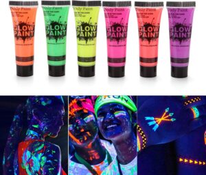 مجموعة طلاء لتزيين الوجه والجسم مكونة من 6 انابيب بعدد 6 الوان نيون فلوروسنت تتوهج بالاشعة فوق البنفسجية مناسبة لمكياج الحفلات والنوادي من جرافلسوا، 10 مل/ 0.34 اونصة