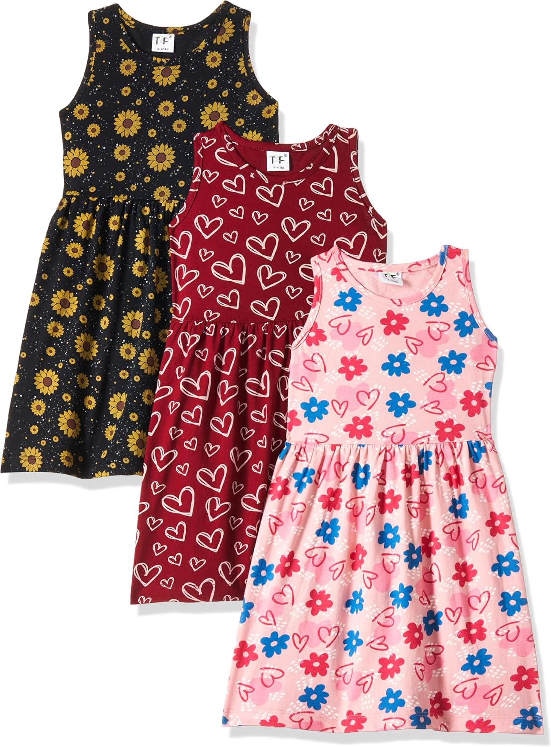 فستان كاجوال بأكمام قصيرة للبنات من تي 2 اف، موديل GLS-DRZ-04 (عبوة 3 قطع)