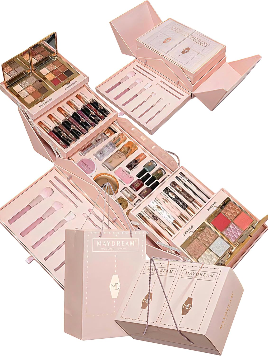 MAYDREAM مجموعة مكياج فاخرة، علبة وردية متعددة الطبقات، باليت ظلال العيون وأحمر شفاه وأدوات تجميل متكاملة للاستخدام اليومي