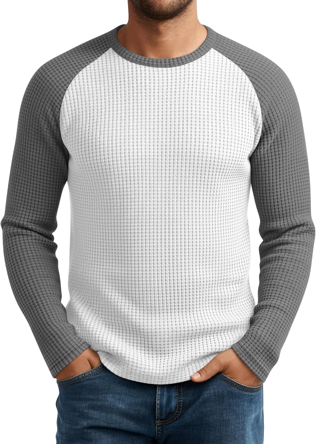 تي شيرت بيسبول من نسيج حراري بنمط وافل للرجال بأكمام رجلان طويلة وقبة دائرية، مع تصميم ألوان متباينة، للارتداء كقطعة تحتية أو تي شيرت علوي من باجي فلاي