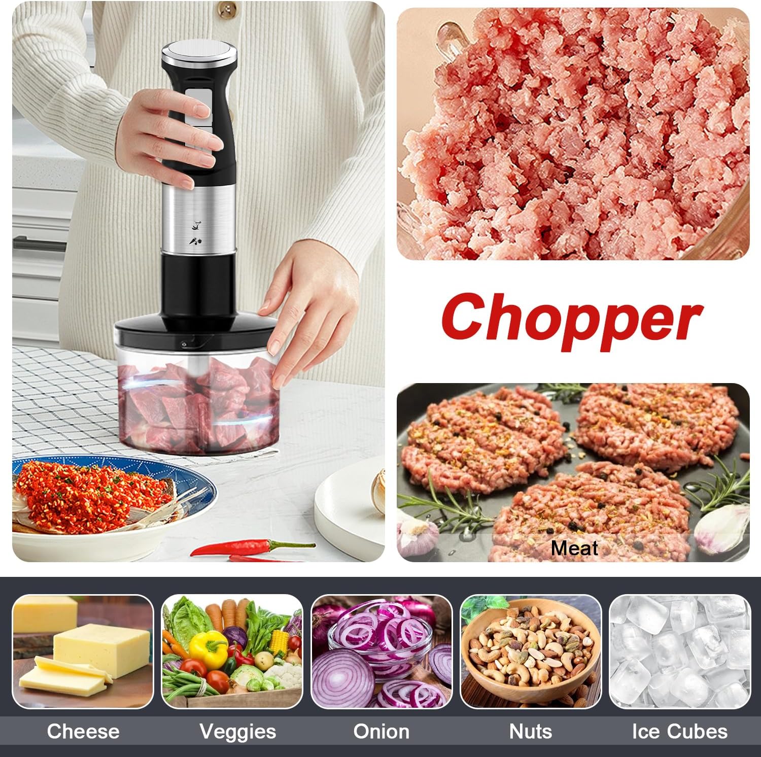 خلاط يدوي 5 في 1 من اكسكيموس، 4 شفرات مطورة، خلاط بعصا من الستانلس ستيل بسرعتين، كوب خلط 800 مل، محضر طعام 500 مل، خفاقة، هراسة، فرم، تحكم في الرذاذ (اسود) 13 81yp5t46DAL. AC SL1500