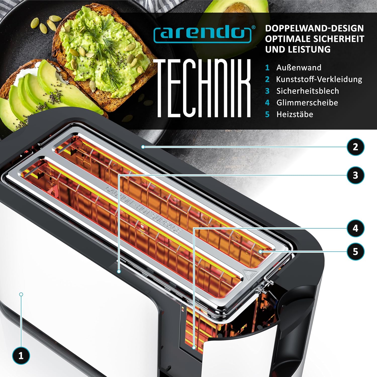 اريندو - محمصة خبز من الستانلس ستيل بفتحة طويلة 4 اقراص - شاشة لمس - غطاء مزدوج الجدار - ملحق ساندويتش مدمج - 7 درجات تحمير - مركز الخبز - الوقت المتبقي 12