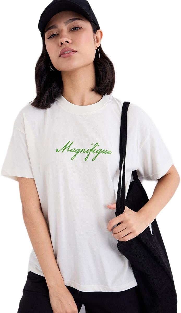 Styli Women Off White Embroidered Slogan Boxy T Shirt
