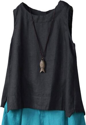 بلوزة بدون أكمام من الكتان بنسبة 100% للنساء ومناسبة كقمصان صيفية كاجوال من اكسيمو