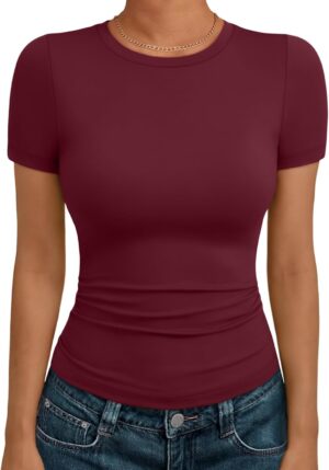 تي شيرت أساسي صيفي بأكمام قصيرة وقبة دائرية ضيقة للنساء من اوتوميت، بلوزة قصيرة مناسبة للخروج بقصة ضيقة على طراز الألفينيات