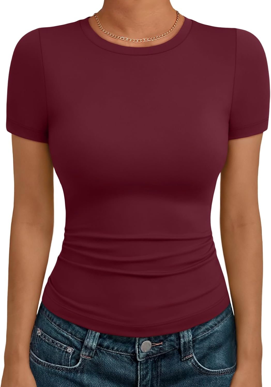 تي شيرت أساسي صيفي بأكمام قصيرة وقبة دائرية ضيقة للنساء