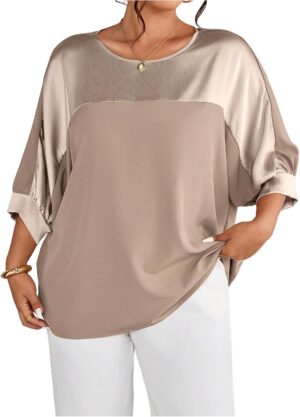 تي شيرتات للنساء مقاسات كبيرة ميتاليك بلون متباين وياقة دائرية وأكمام ثلاثة أرباع بلوزة واسعة من جورجليتر
