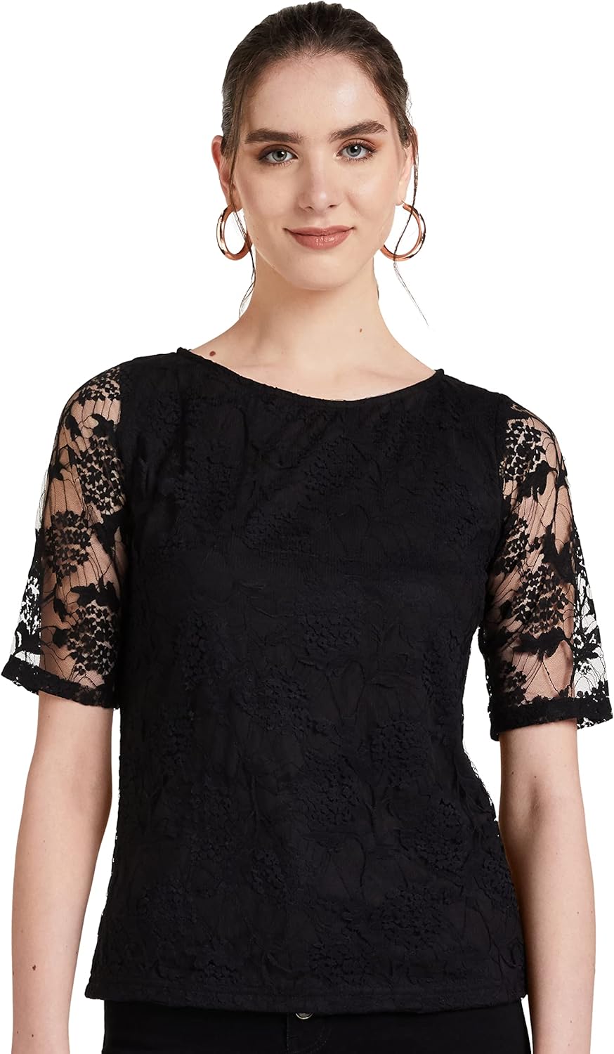 قميص نسائي بتصميم ورود بقصة ضيقة من مس اوليف MOSS19TP30 01 62 اسود