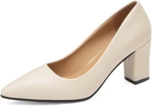حذاء نسائي بكعب عالي بكعب عالي ومقدمة مدببة وقارب وكعب مربع باللون الابيض لحفلات الزفاف (اللون: بيج، المقاس: 35 EU)