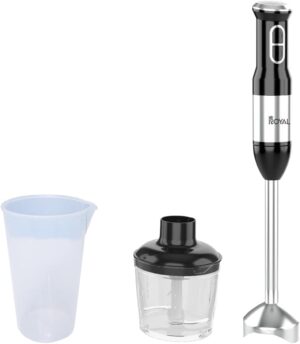 خلاط يدوي متعدد الاغراض 4 في 1 من رويال، محرك نحاسي 400 واط، اوضاع سرعة مزدوجة مع 8 مستويات، مفرمة 1 لتر، كوب قياس 900 مل، تصميم بلاستيكي خفيف الوزن، ملحق خفق البيض، سهل التنظيف | قابس بي اس