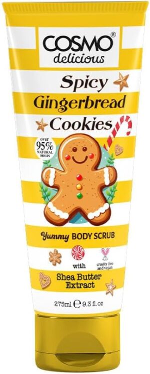 مقشر للجسم من كوزمو ديليشوس بنكهة خبز الزنجبيل الحار مع مقشر الجسم بالشيا للرجال والنساء 275 مل، مقشر للجسم مرطب ومغذي، مقشر السكر، عطر التوابل الدافئة، البشرة الميتة والتنظيف العميق
