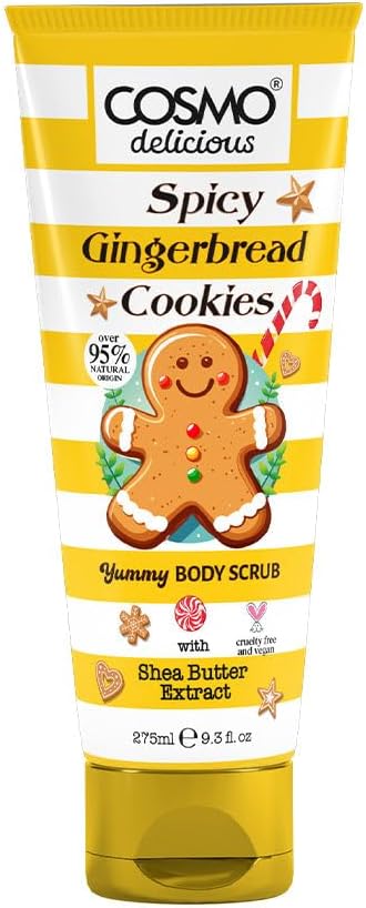 مقشر للجسم من كوزمو ديليشوس بنكهة خبز الزنجبيل الحار مع مقشر الجسم بالشيا للرجال والنساء 275 مل، مقشر للجسم مرطب ومغذي، مقشر السكر، عطر التوابل الدافئة، البشرة الميتة والتنظيف العميق