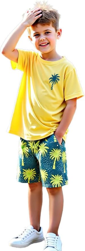 طقم تي شيرت وشورت من القطن بطبعة نخيل بنمط استوائي للأولاد بعمر 4-7 سنوات من زولينوفا