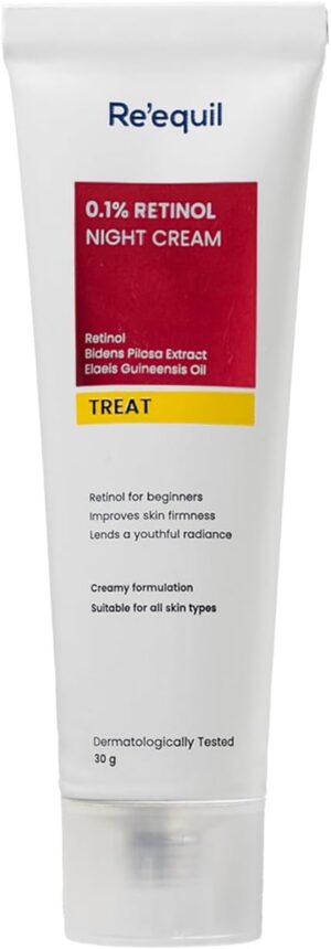 كريم ريتينول 0.1% ليلي للتجاعيد وشد البشرة، يصلح التجاعيد والخطوط الدقيقة ويحسن شد البشرة، مناسب للمبتدئين ولجميع أنواع البشرة من ري ايكويل، 30 جم