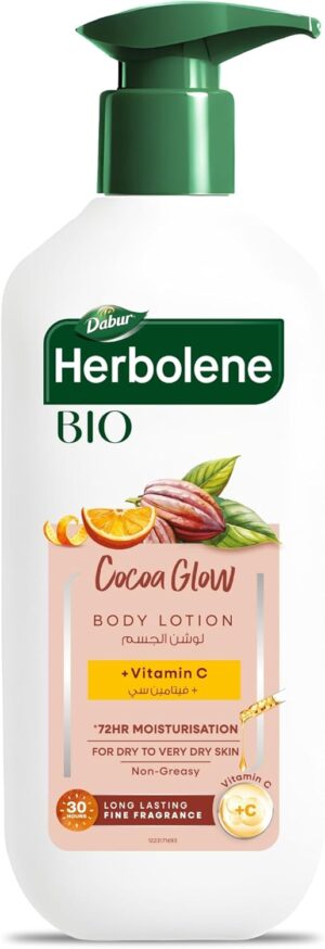 لوشن جسم مغذي للبشرة بخلاصة الكاكاو من الجافة إلى شديدة الجفاف - ترطيب لمدة 72 ساعة، غني بفيتامين C، عطر ناعم يدوم 30 ساعة، غير دهني من دابر، 400 مل