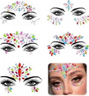 مجموعة احجار الراين اللامعة من 5 قطع، احجار الراين ذاتية اللصق للوجه، ملصقات لامعة ملونة مؤقتة، احجار كريمة للمكياج والحفلات والكرنفالات من ازوني