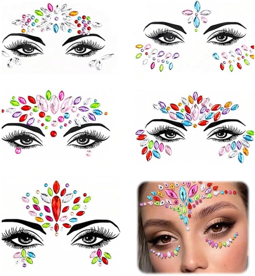 مجموعة احجار الراين اللامعة من 5 قطع، احجار الراين ذاتية اللصق للوجه، ملصقات لامعة ملونة مؤقتة، احجار كريمة للمكياج والحفلات والكرنفالات من ازوني