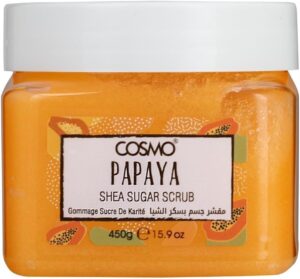 مقشر جسم بسكر الشيا والبابايا، تقشير وتغذية للبشرة، تفتيح وترطيب، عناية للوجه والجسم، مكون طبيعي، تنظيف عميق وإزالة خلايا الجلد الميت، ملائم لجميع أنواع البشرة، ناعم ومرطب رائع من كوزمو، وزن 450 جم
