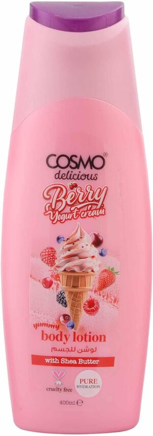 كريم زبادي التوت اللذيذ مع زبدة الشيا من كوزمو 400 مل، مرطب ومغذي، غير دهني، خفيف الوزن، سريع الامتصاص، لجميع انواع البشرة، رائحة زبادي الفواكه