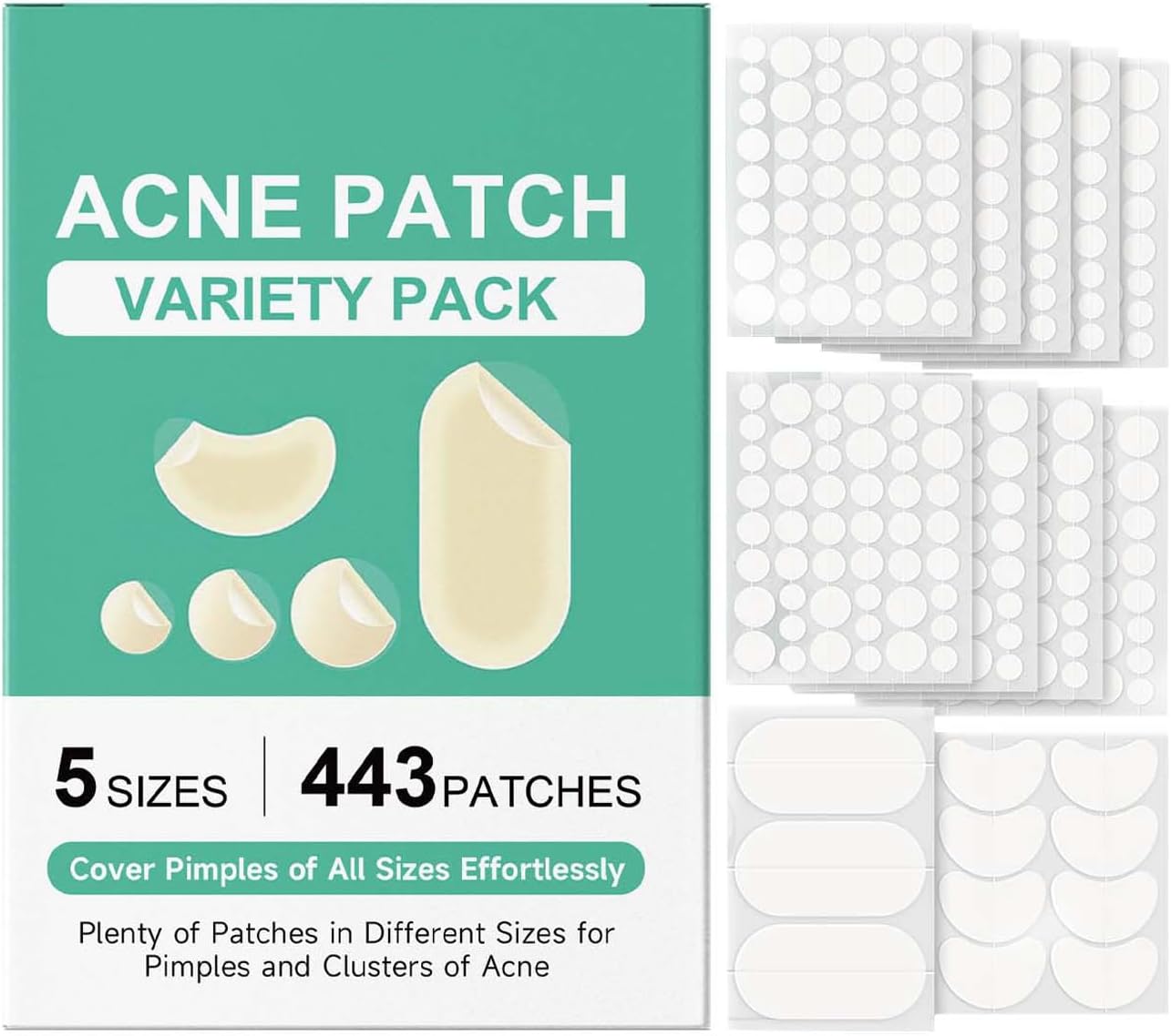 مجموعة رقع كونسيلر لحب الشباب مكونة من 443 قطعة، معالجة بقع حب الشباب الغروانية المائية، 5 رقع لتغطية العيوب والزيتس، مقاومة للماء ولطيفة على البشرة، معالجة سريعة وقوية