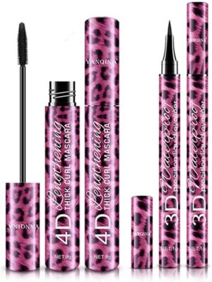 مجموعة ماسكارا وقلم تحديد عيون من الالياف رباعية الابعاد مع اداة تجعيد الرموش، مكياج عيون سميك مقاوم للماء، قلم تحديد عيون رفيع يدوم طويلا من قطعتين