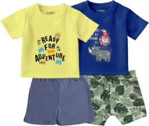 طقم ملابس للأولاد والبنات من القطن العضوي 100% من لواي، طقم تي شيرت قصير الأكمام وشورت للأولاد والبنات بطبعة حيوانات لطيفة لحديثي الولادة (2 قطعة)