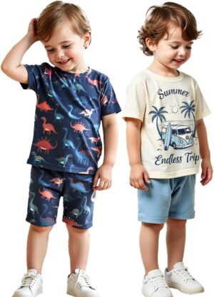 ملابس صيفية مكونة من 4 قطع من تي شيرتات وسراويل قصيرة مطبوعة عليها رسومات ديناصورات وسيارات جيدة التهوية للأطفال من سن 4 إلى 7 سنوات من زولينوفا