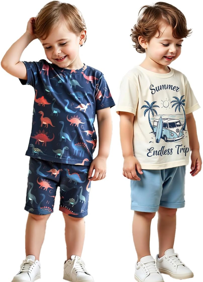 ملابس صيفية مكونة من 4 قطع من تي شيرتات وسراويل قصيرة مطبوعة عليها رسومات ديناصورات وسيارات جيدة التهوية للأطفال من سن 4 إلى 7 سنوات من زولينوفا