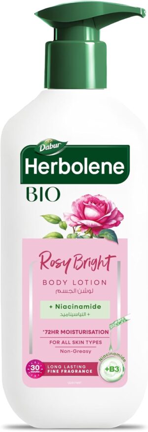 لوشن الجسم روزي برايت لجميع أنواع البشرة هيربولين من دابور - 400 مل | عناية بالرطوبة لمدة 72 ساعة | غني بالنياسيناميد وفيتامين B3 | عطر ناعم يدوم 30 ساعة | غير دهني