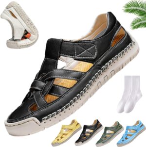 صندل نسائي صيفي مسطح من الجلد مغلق من الامام لتقويم العظام، صندل نسائي مجوف وجيد التهوية بجزء سفلي ناعم ومريح وقابل للتعديل، صندل رياضي للمشي والشاطئ في الهواء الطلق