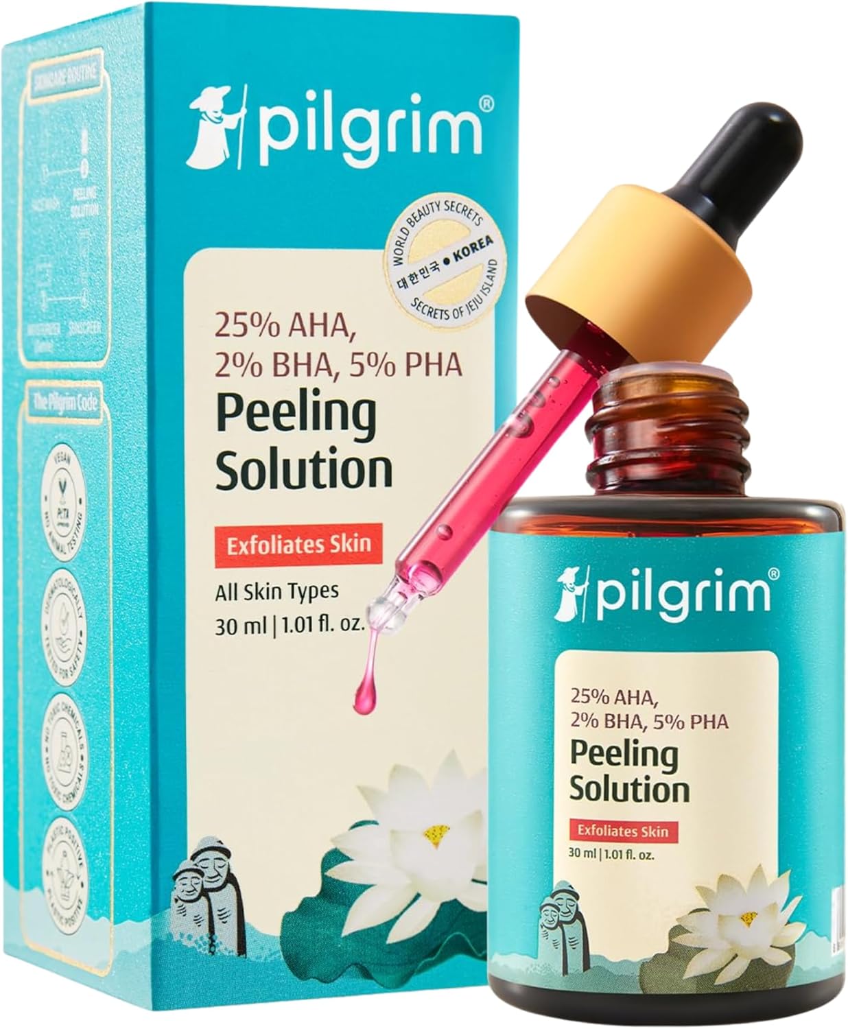 بيلغريم محلول تقشير للوجه 25% حمض الفا هيدروكسي و2% بيتا و5% PHA لمدة 10 دقائق مقشر كيميائي لبشرة متوهجة سيروم للرجال والنساء في المنزل 30 مل 30.0 غرامات