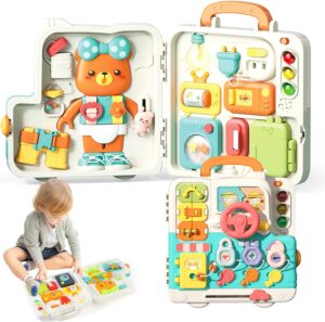 لوح مونتيسوري تعليمي من موكلين روم، مصنوع من البلاستيك، مناسب للجنسين من عمر سنة واحدة. يتميز بلوحة نشاط متعددة الأقسام مضيئة وموسيقية. يعزز التطور المعرفي والمهارات الحركية الدقيقة.