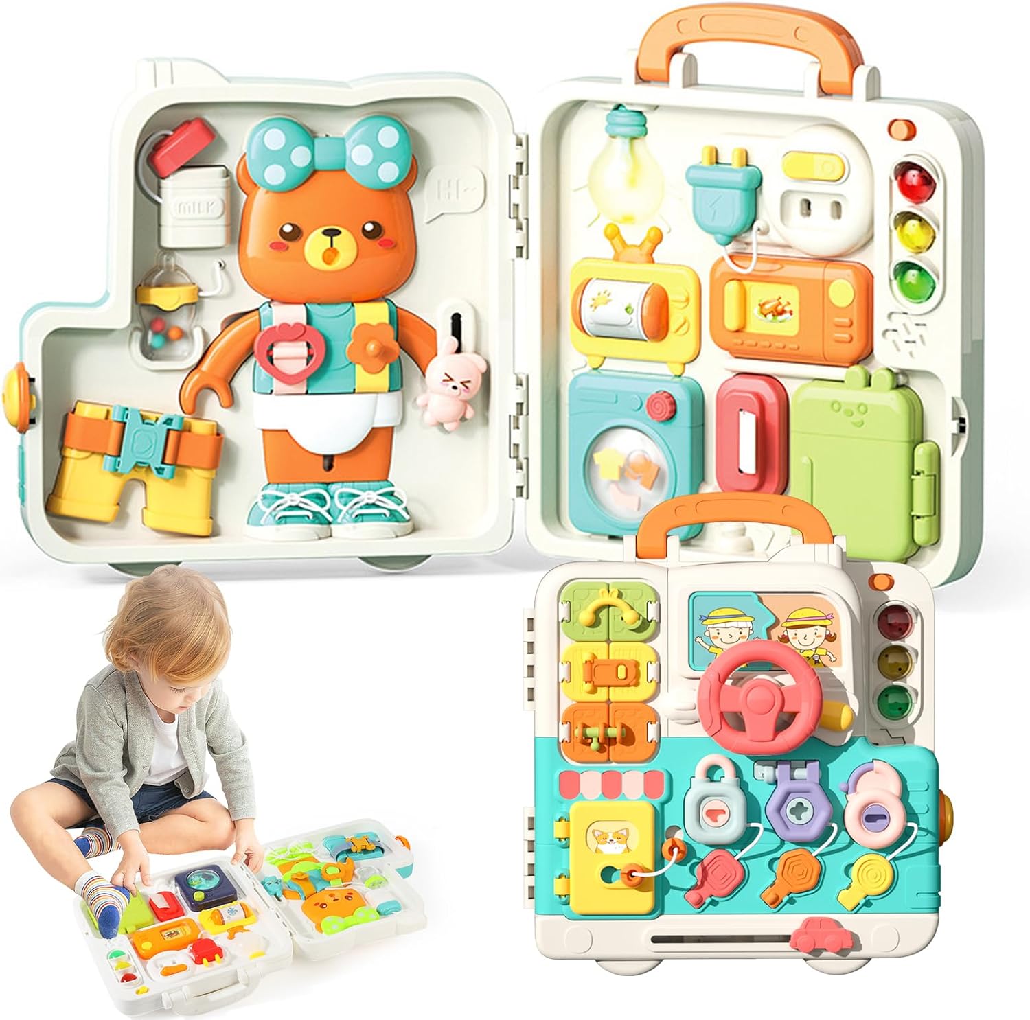 لوح مونتيسوري تعليمي من موكلين روم، مصنوع من البلاستيك، مناسب للجنسين من عمر سنة واحدة. يتميز بلوحة نشاط متعددة الأقسام مضيئة وموسيقية. يعزز التطور المعرفي والمهارات الحركية الدقيقة.